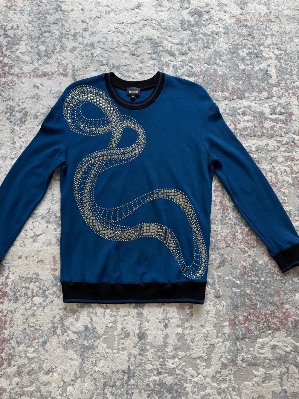 Just Cavalli Blue Crewneck Sweater with Rhinestone Snake